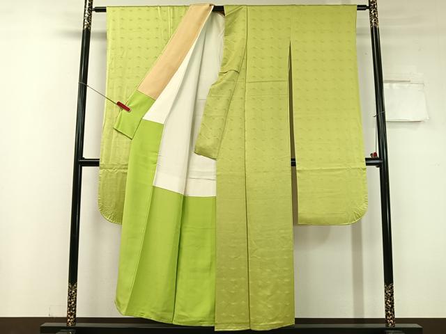 平和屋着物●豪華振袖 色無地 菱松葉地紋 若苗色 正絹 逸品 CABC9647vp