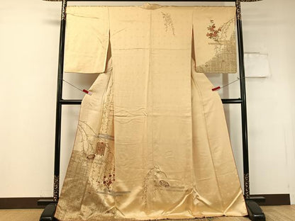 平和屋着物●訪問着 駒刺繍 霞貝桶枝垂れ花文 暈し染め 金彩 ロング丈 正絹 逸品 CABC9653vp