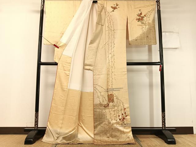 平和屋着物●訪問着 駒刺繍 霞貝桶枝垂れ花文 暈し染め 金彩 ロング丈 正絹 逸品 CABC9653vp