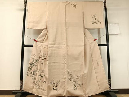 平和屋着物●染色作家 桐山紫香 手描き 訪問着 生紬 草花文 正絹 逸品 CABC9658vp