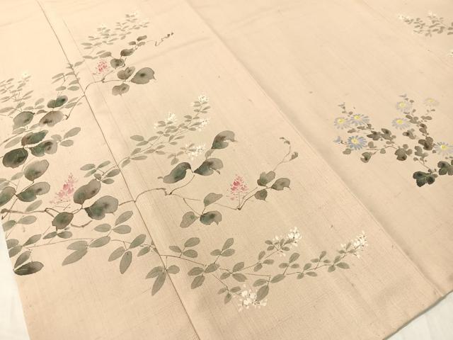 平和屋着物●染色作家 桐山紫香 手描き 訪問着 生紬 草花文 正絹 逸品 CABC9658vp