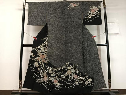平和屋着物●訪問着 辻が花 絞り 手描き たたき染め 黒地 金彩 正絹 逸品 CABC9663vp