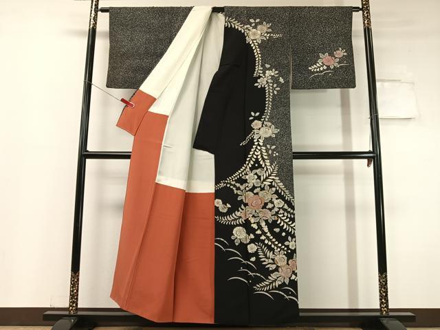 平和屋着物●訪問着 辻が花 絞り 手描き たたき染め 黒地 金彩 正絹 逸品 CABC9663vp