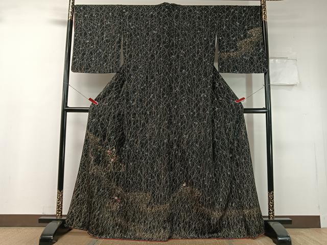 平和屋着物●訪問着 絞り 刺繍 草花文 黒地 金銀彩 正絹 逸品 未使用 CABC9668vp