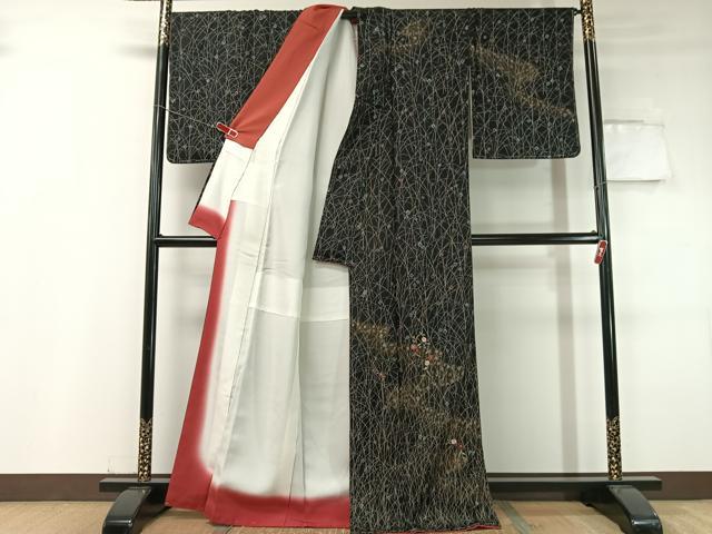 平和屋着物●訪問着 絞り 刺繍 草花文 黒地 金銀彩 正絹 逸品 未使用 CABC9668vp