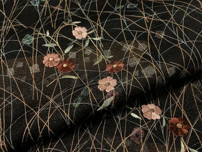 平和屋着物●訪問着 絞り 刺繍 草花文 黒地 金銀彩 正絹 逸品 未使用 CABC9668vp