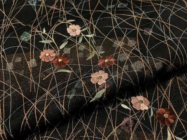 平和屋着物●訪問着 絞り 刺繍 草花文 黒地 金銀彩 正絹 逸品 未使用 CABC9668vp