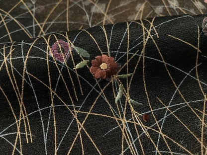 平和屋着物●訪問着 絞り 刺繍 草花文 黒地 金銀彩 正絹 逸品 未使用 CABC9668vp