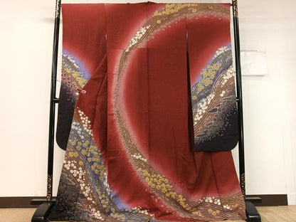平和屋着物●豪華振袖 絞り 立波花文 暈し染め 金通し地 正絹 逸品 CABC9702vp