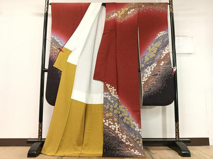 平和屋着物●豪華振袖 絞り 立波花文 暈し染め 金通し地 正絹 逸品 CABC9702vp