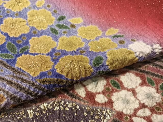 平和屋着物●豪華振袖 絞り 立波花文 暈し染め 金通し地 正絹 逸品 CABC9702vp