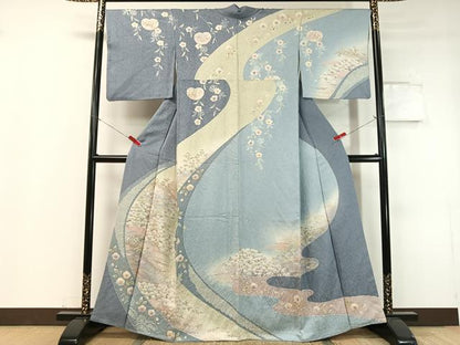 平和屋着物●訪問着 駒刺繍 絞り 道長松竹梅花文 金通し地 正絹 逸品 CABC9709vp
