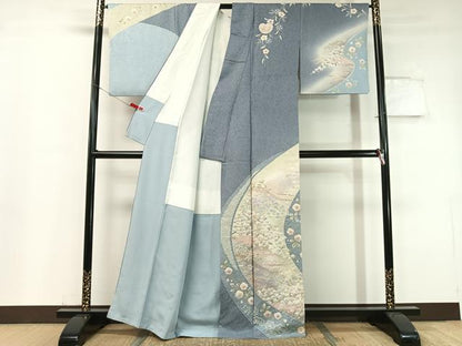 平和屋着物●訪問着 駒刺繍 絞り 道長松竹梅花文 金通し地 正絹 逸品 CABC9709vp