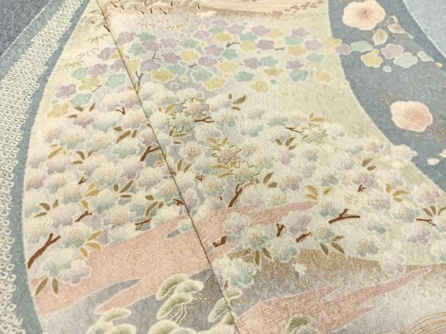 平和屋着物●訪問着 駒刺繍 絞り 道長松竹梅花文 金通し地 正絹 逸品 CABC9709vp