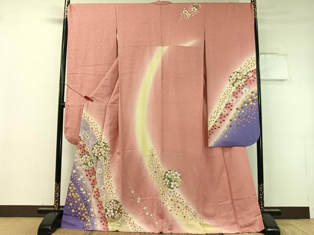 平和屋着物●豪華振袖 舞桜丸文 暈し染め 金通し地 正絹 逸品 CABC9718vp