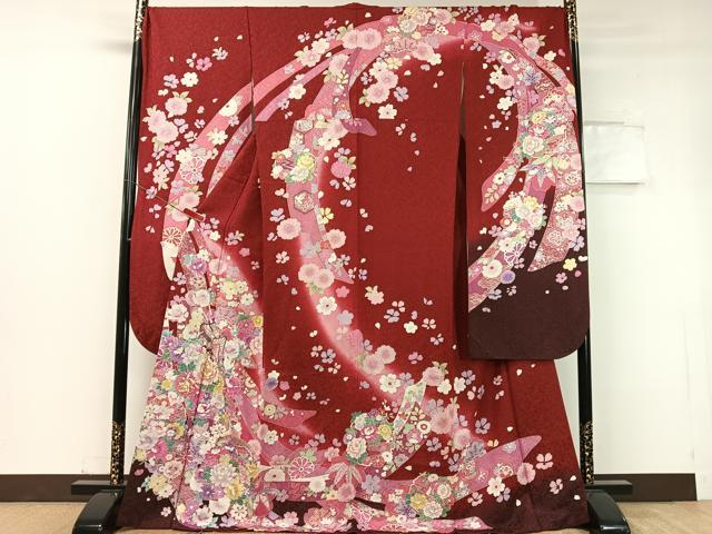 平和屋着物●豪華振袖 駒刺繍 束ね熨斗御所車花文 暈し染め 金通し地 京都きもの友禅扱い 正絹 逸品 CABC9720vp