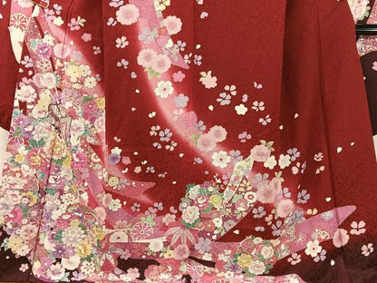 平和屋着物●豪華振袖 駒刺繍 束ね熨斗御所車花文 暈し染め 金通し地 京都きもの友禅扱い 正絹 逸品 CABC9720vp