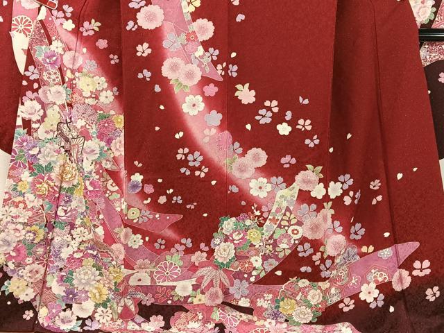 平和屋着物●豪華振袖 駒刺繍 束ね熨斗御所車花文 暈し染め 金通し地 京都きもの友禅扱い 正絹 逸品 CABC9720vp