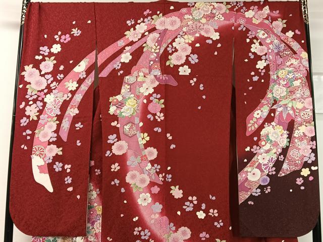 平和屋着物●豪華振袖 駒刺繍 束ね熨斗御所車花文 暈し染め 金通し地 京都きもの友禅扱い 正絹 逸品 CABC9720vp