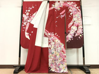 平和屋着物●豪華振袖 駒刺繍 束ね熨斗御所車花文 暈し染め 金通し地 京都きもの友禅扱い 正絹 逸品 CABC9720vp