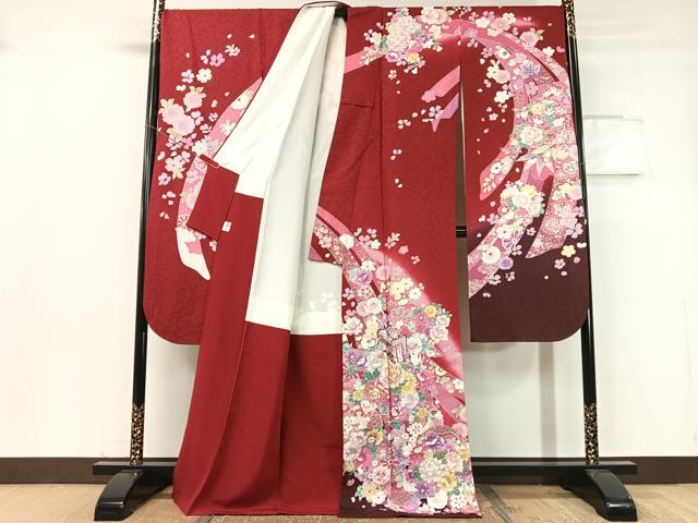 平和屋着物●豪華振袖 駒刺繍 束ね熨斗御所車花文 暈し染め 金通し地 京都きもの友禅扱い 正絹 逸品 CABC9720vp