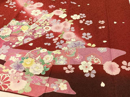 平和屋着物●豪華振袖 駒刺繍 束ね熨斗御所車花文 暈し染め 金通し地 京都きもの友禅扱い 正絹 逸品 CABC9720vp