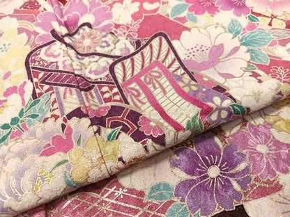 平和屋着物●豪華振袖 駒刺繍 束ね熨斗御所車花文 暈し染め 金通し地 京都きもの友禅扱い 正絹 逸品 CABC9720vp