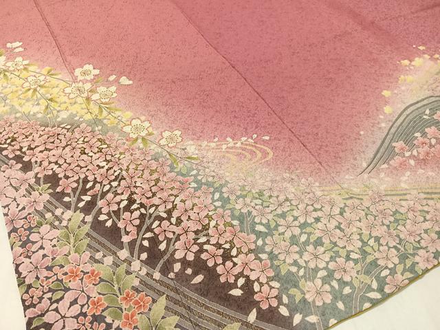 平和屋着物●豪華振袖 絞り 立波舞桜 暈し染め 金通し地 やまと誂製 正絹 逸品 CABC9722vp