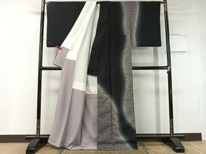 平和屋着物●訪問着　お召地　刺繍　舞桜　黒地　金彩　正絹　逸品　CABC9724vp