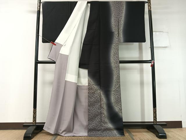 平和屋着物●訪問着　お召地　刺繍　舞桜　黒地　金彩　正絹　逸品　CABC9724vp