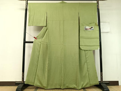 平和屋着物●上質な色無地 特殊両面染 さざなみ縮緬 紋意匠 青丹色 反端付き 正絹 逸品 CABC9732vp