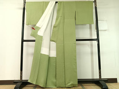 平和屋着物●上質な色無地 特殊両面染 さざなみ縮緬 紋意匠 青丹色 反端付き 正絹 逸品 CABC9732vp
