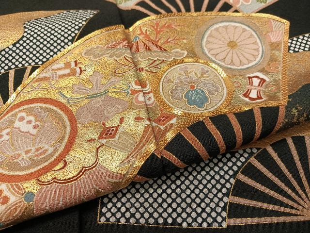 平和屋着物●豪華黒留袖　駒刺繍　扇面吉祥花蝶文　金彩　ロング丈　正絹　逸品　CABC9748vp