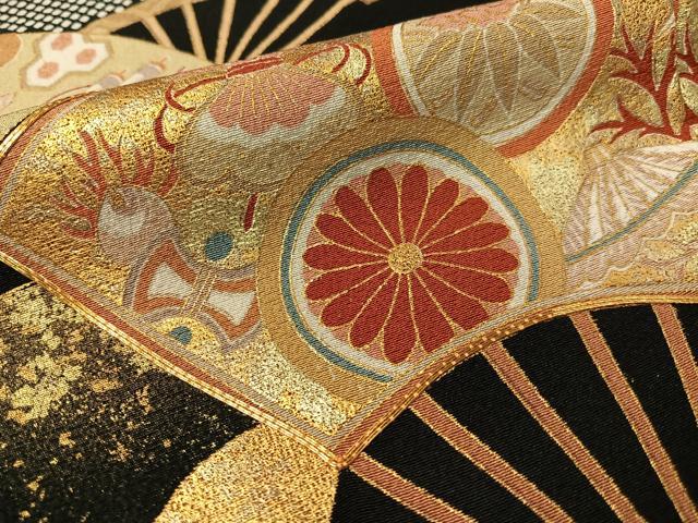 平和屋着物●豪華黒留袖　駒刺繍　扇面吉祥花蝶文　金彩　ロング丈　正絹　逸品　CABC9748vp