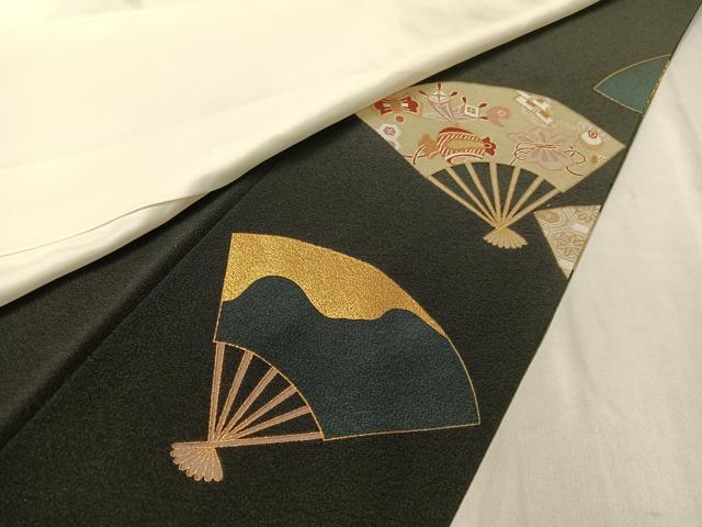 平和屋着物●豪華黒留袖　駒刺繍　扇面吉祥花蝶文　金彩　ロング丈　正絹　逸品　CABC9748vp