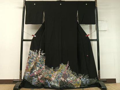 平和屋着物●豪華黒留袖　友禅　作家物　流水板橋花文　正絹　逸品　CABC9749vp