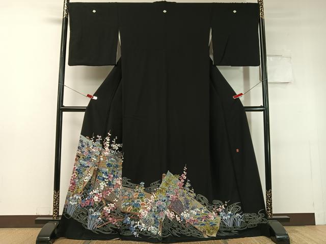 平和屋着物●豪華黒留袖　友禅　作家物　流水板橋花文　正絹　逸品　CABC9749vp