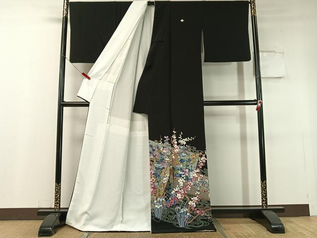 平和屋着物●豪華黒留袖　友禅　作家物　流水板橋花文　正絹　逸品　CABC9749vp