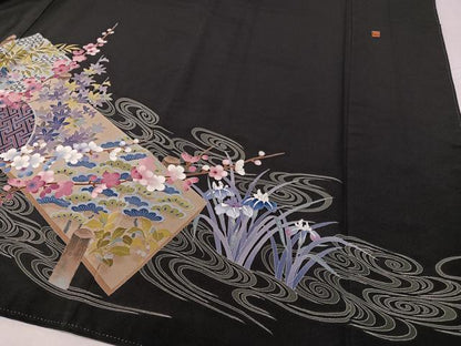 平和屋着物●豪華黒留袖　友禅　作家物　流水板橋花文　正絹　逸品　CABC9749vp