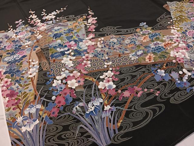 平和屋着物●豪華黒留袖　友禅　作家物　流水板橋花文　正絹　逸品　CABC9749vp