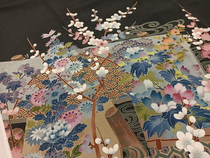 平和屋着物●豪華黒留袖　友禅　作家物　流水板橋花文　正絹　逸品　CABC9749vp