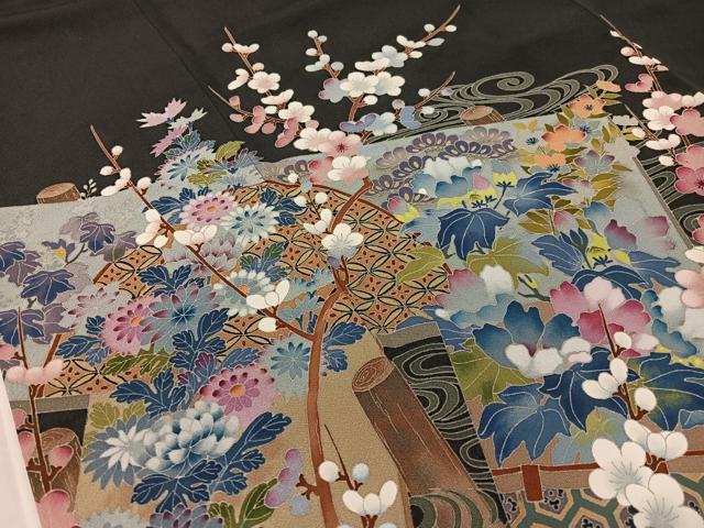 平和屋着物●豪華黒留袖　友禅　作家物　流水板橋花文　正絹　逸品　CABC9749vp
