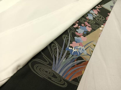 平和屋着物●豪華黒留袖　友禅　作家物　流水板橋花文　正絹　逸品　CABC9749vp
