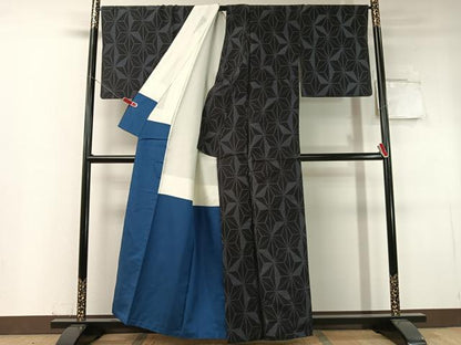 平和屋着物●塩沢紬 麻の葉文様 黒地 正絹 逸品 CABC9753vp