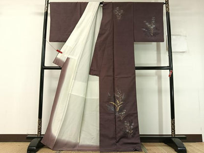 平和屋着物●訪問着　紬地　手描き　草花文　ロング丈　正絹　逸品　CABC9755vp