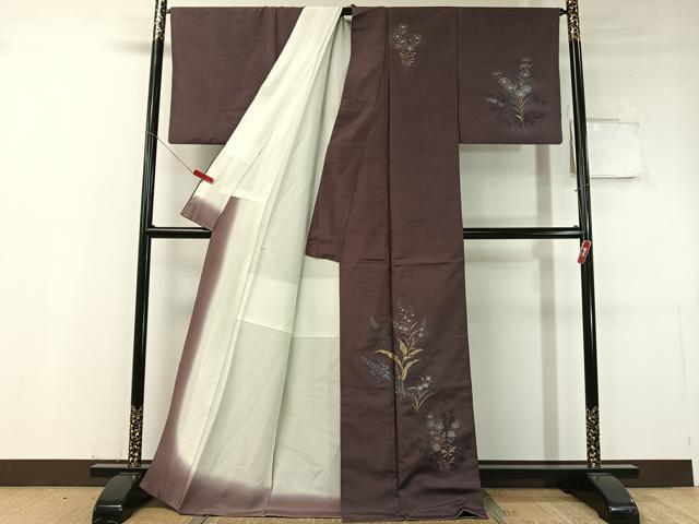 平和屋着物●訪問着　紬地　手描き　草花文　ロング丈　正絹　逸品　CABC9755vp