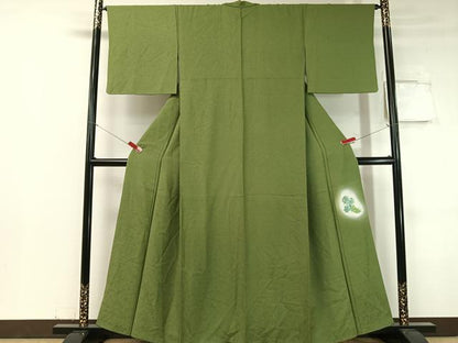 平和屋着物●上質な色無地　吉祥地紋　草色　正絹　逸品　CABC9757vp