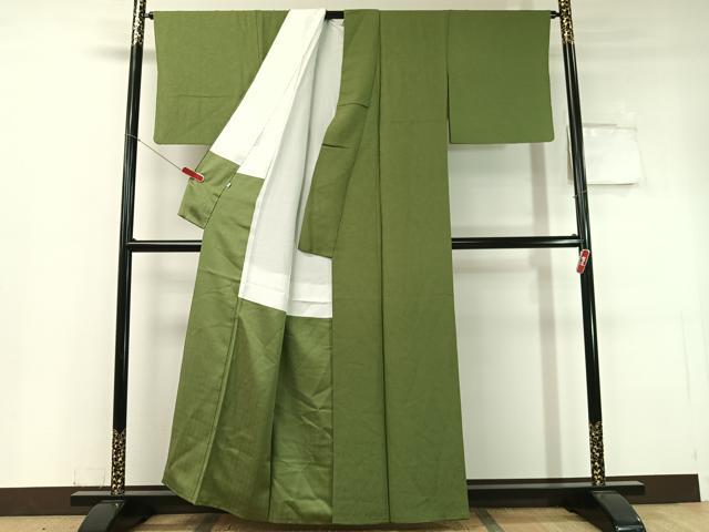 平和屋着物●上質な色無地　吉祥地紋　草色　正絹　逸品　CABC9757vp