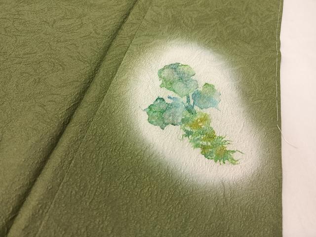 平和屋着物●上質な色無地　吉祥地紋　草色　正絹　逸品　CABC9757vp