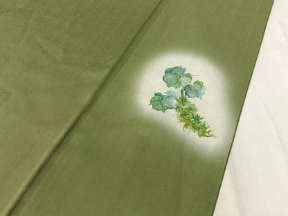 平和屋着物●上質な色無地　吉祥地紋　草色　正絹　逸品　CABC9757vp